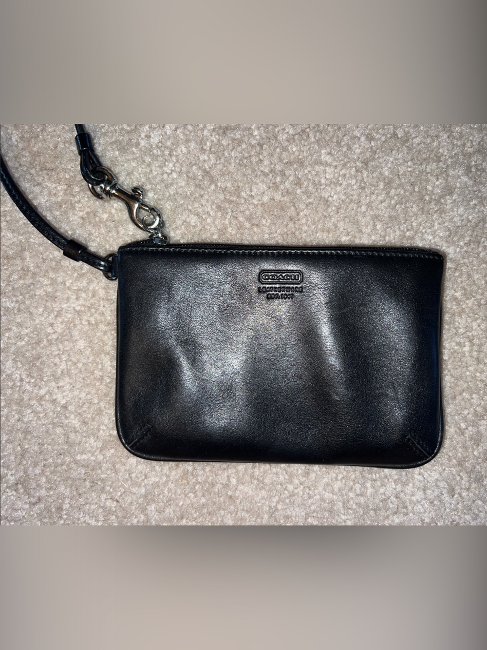 Coach Black Leather Zip Wristlet with Silver Hardware